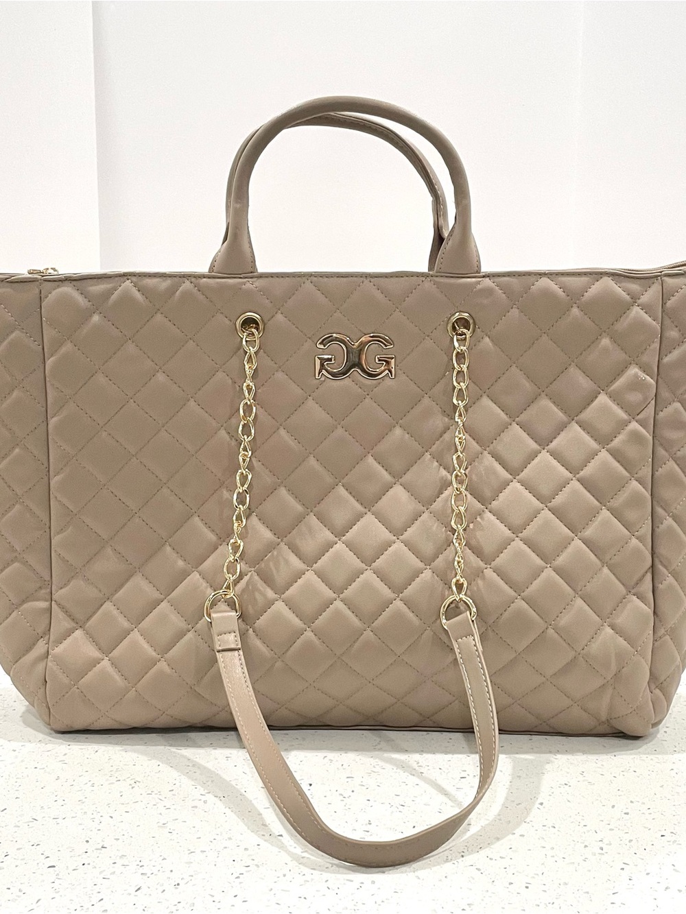 Gilda Paris Quilted Tote Bag in Taupe with Gold Chain Straps